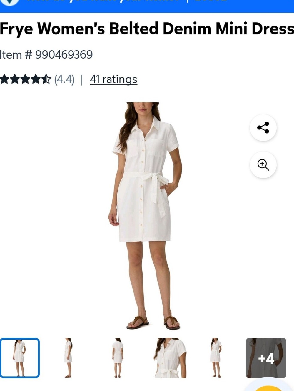 Frye White Short Sleeve Button-Front Denim Shirt Dress with Tie Waist